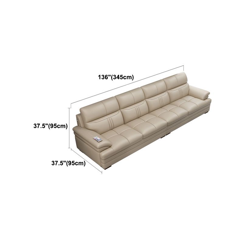 Contemporary Stationary Cream Genuine Leather Recessed Arm Sofa