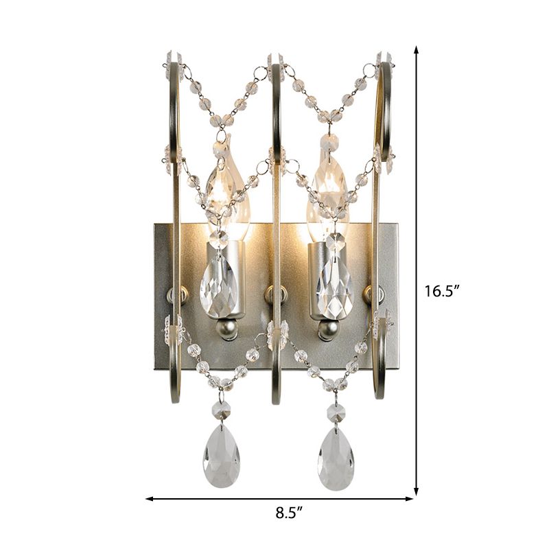 Exposed Sconce Lighting Vintage Metallic 2 Bulbs Chrome Wall Mount Light with Clear Crystal Bead Deco for Living Room