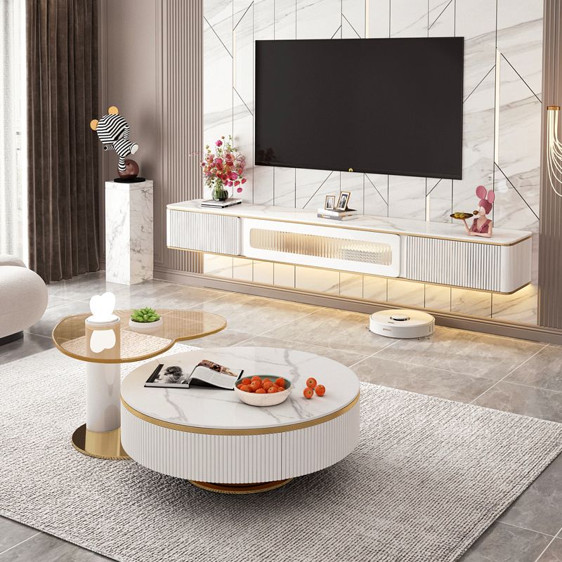 White Stone TV Stand Glam TV Media Stand with Storage for Living Room
