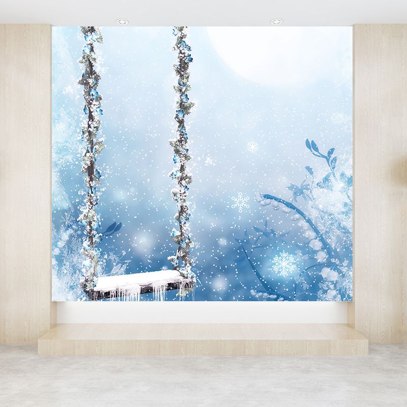 White Contemporary Mural Wallpaper Big Snow-Covered Swing Chair Wall Art for Playroom