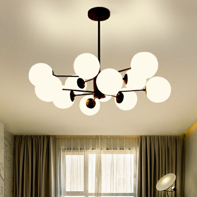Black Burst Hanging Lamp Modern Metal Chandelier with Ball Opaline Glass Shade for Bedroom