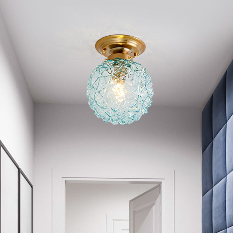 Plafonnier de couloir en forme de cône de pin, bleu campagne/transparent/gris fumé, verre prismatique, 1 tête, plafonnier en laiton