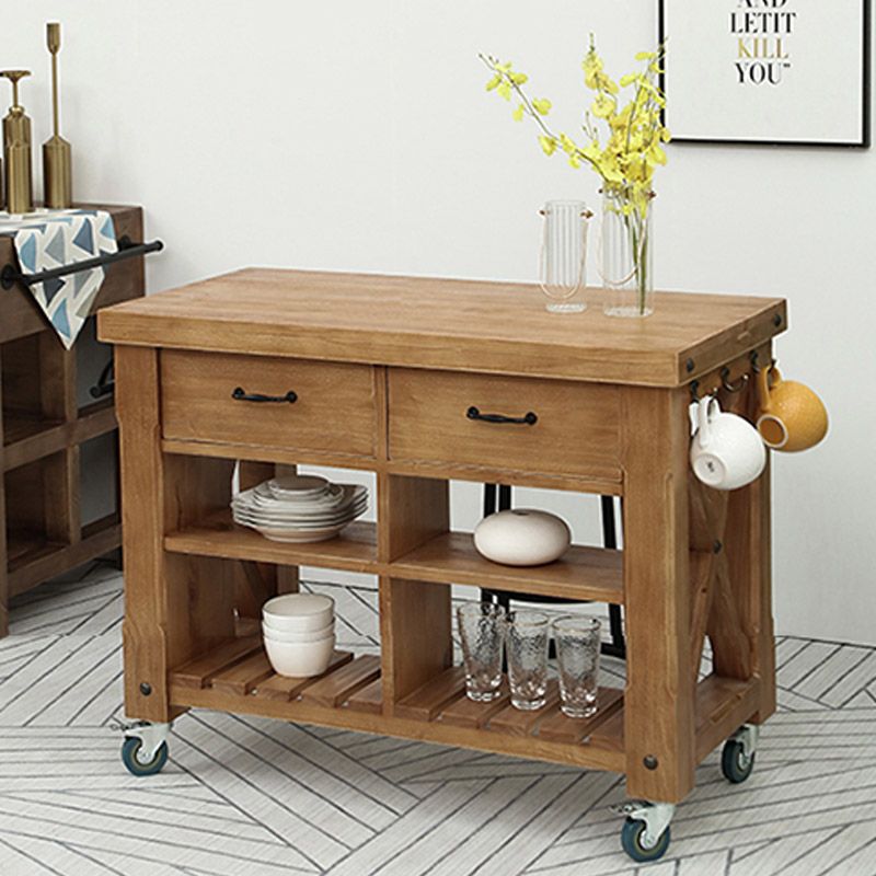 Modern Kitchen Island Table Pine Wood Prep Table with Towel Rack