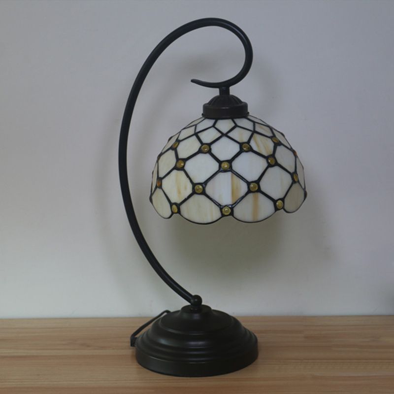 Bronze Bowl Night Table Lamp Tiffany 1 Head Beige/White Glass Clear/Blue/Green Beaded Patterned Desk Light with Swirl Arm