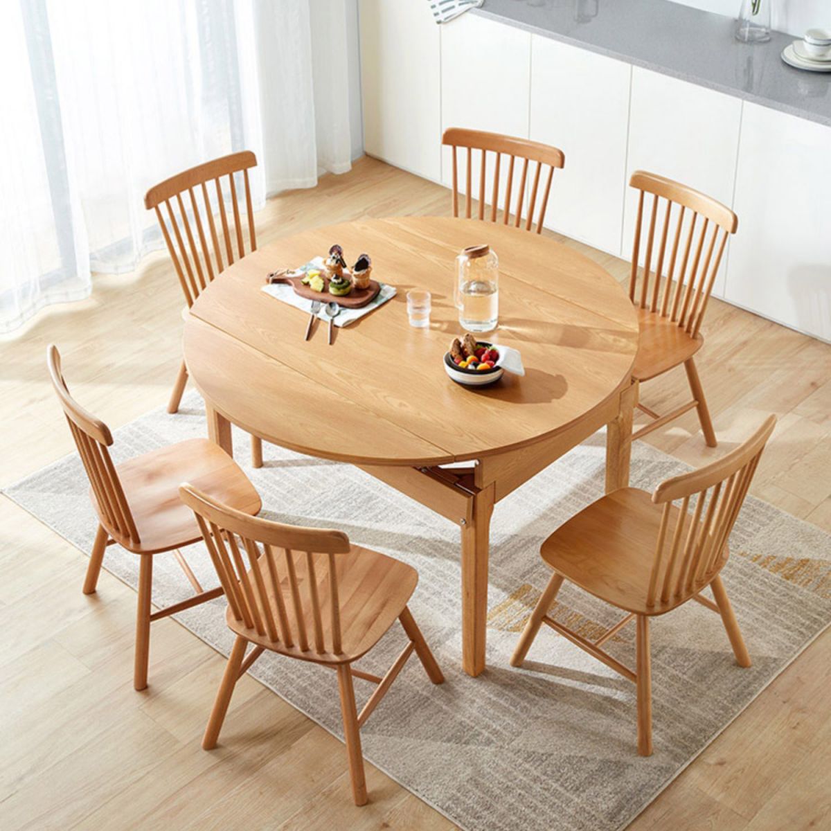 Contemporary Extendable Round Dining Table with Wooden Drop Leaf
