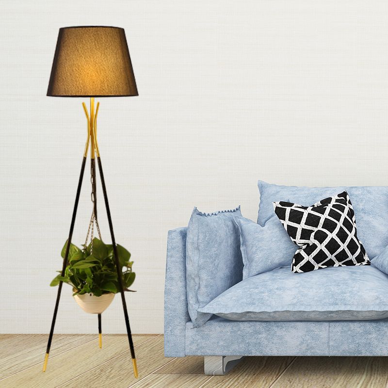 Fabric Black/White/Flaxen Standing Lamp Drum Shade 1-Light Warehouse Floor Reading Lighting with Tripod Base