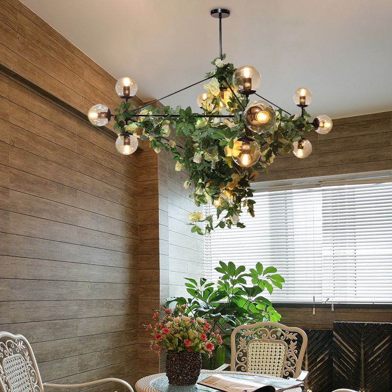10/14-Bulb Island Pendant Industrial Globe Smoke Gray Glass Hanging Light in Black with Geometric Cage