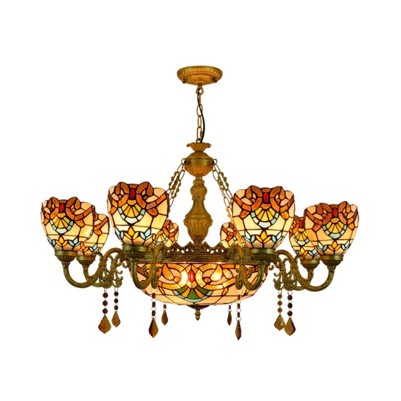 Victorian Bowl Chandelier macchiata di vetro 9 luci lampadario con cristallo in beige per foyer