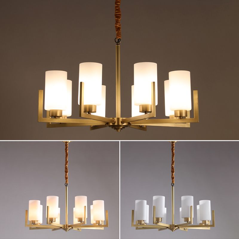 Cylindrical White Glass Shade Brass Chandelier American Style Simplicity Lighting Fixture for Living Room
