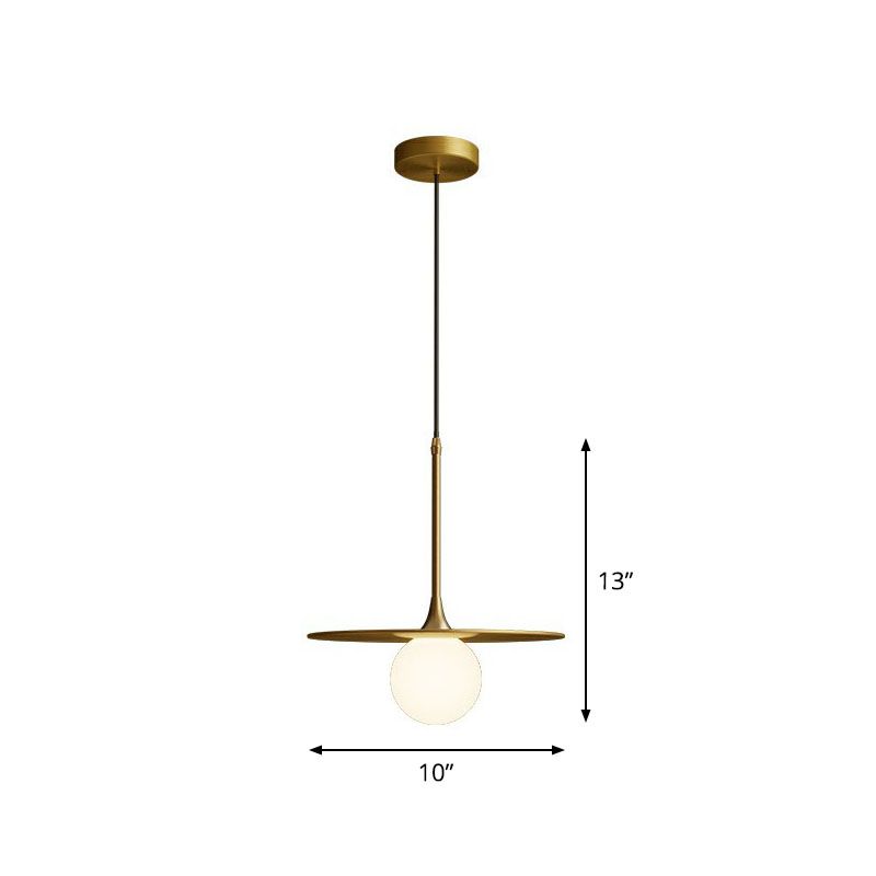 Flat Metallic Ceiling Light Simplicity Single-Bulb Hanging Pendant Lamp with Ball White Glass Shade