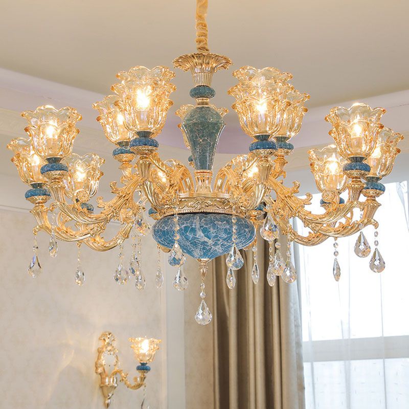 Swooping Arm Living Room Pendant Chandelier Rustic Metal Gold Hanging Ceiling Light with Flower Clear Textured Glass Shade