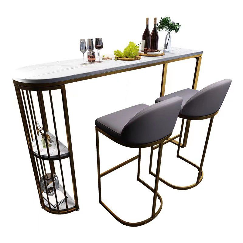 Modern Stone Bar Table Metal Base Dining Table with Storage Shelves