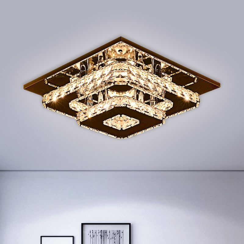 2-Tier Square Crystal Ceiling Fixture Contemporary 12"/26.5" Wide Stainless-Steel LED Flush Mount Lighting
