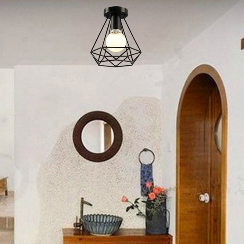Cage Diamond Semi Flush Light Fixtures Retro Industrial Style Metal Ceiling Mount Light Fixture for Restaurant