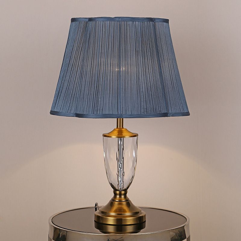Modernist Cup Fabric Table Light Hand-Cut Crystal 1 Bulb Small Desk Lamp in Blue