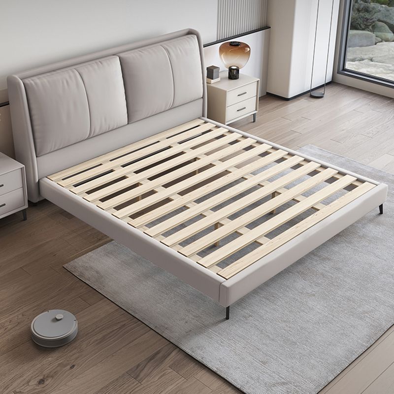 Modern Pine Wood Panel Bed Genuine Leather Bed Frame with Upholstered Headboard