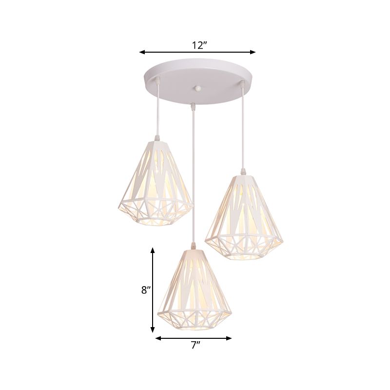 Iron Diamond Cage Multi Light Pendant Modernism 3 Heads White Finish Ceiling Suspension Lamp