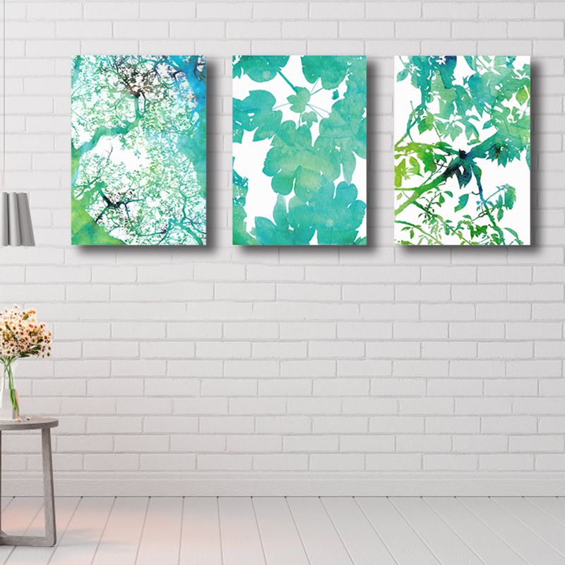 Contemporary Canvas Print Green Botanical Leaves Painting, Set of 3, Multiple Sizes