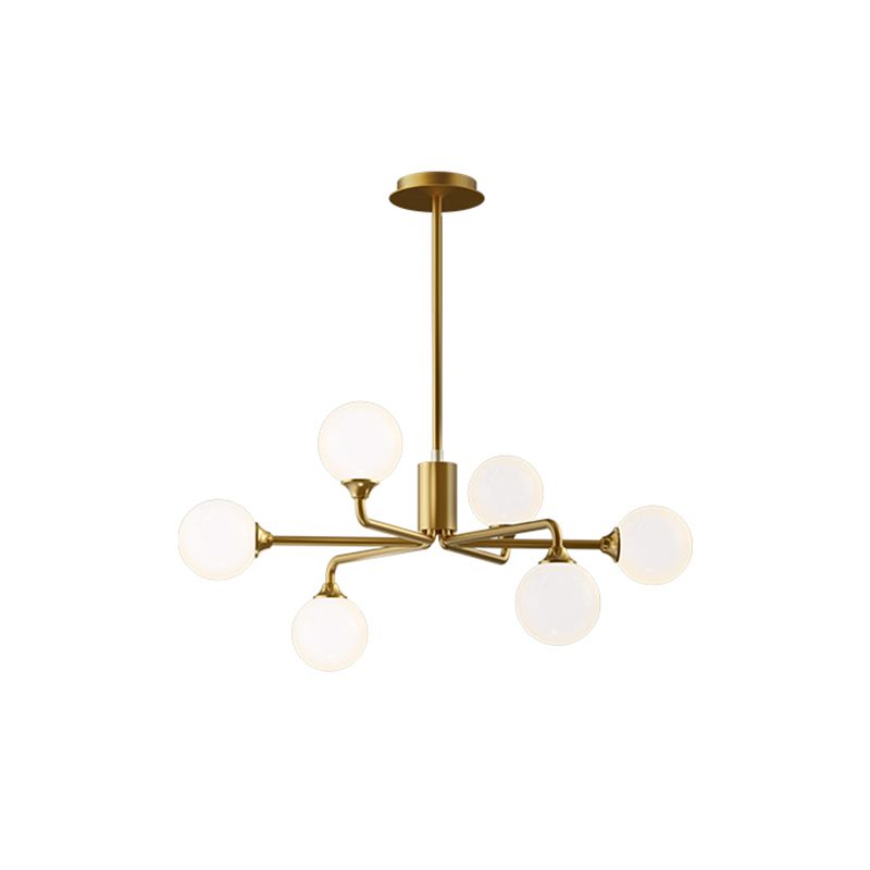 Postmodern Sputnik Island Lighting Metal 6/9/12 Heads Living Room Ceiling Pendant in Gold with Ball White Glass Shade