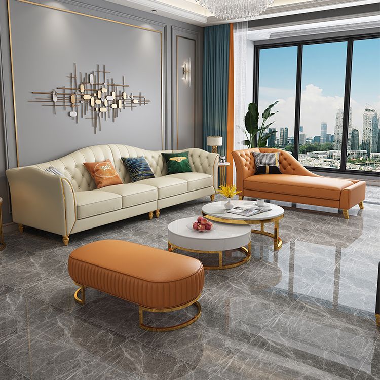 Glam Style Solid Color Genuine Leather Rolled Arms Chaise Chair with Tufted
