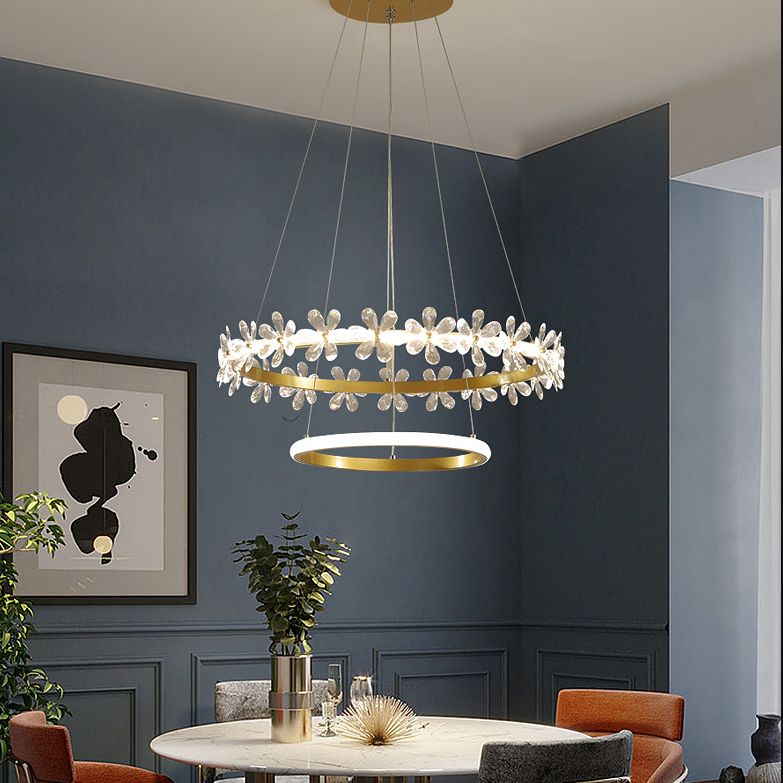 Gold Finish Wreath Pendant Light Minimalist Crystal LED Chandelier with Metal Ring