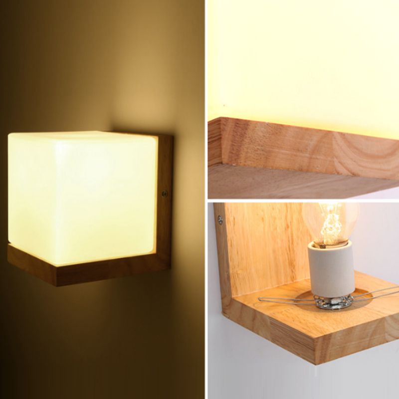 Wood Sqaure Shape Wall Sconce Modern Style 1 Light Wall Light Fixture in Brown