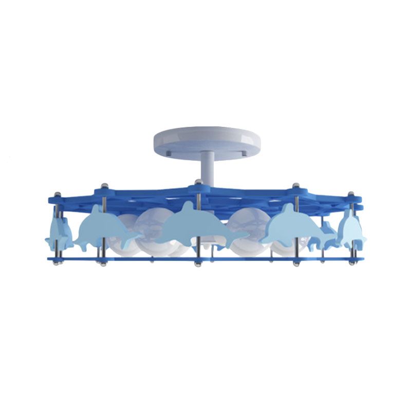 Dolphin Kindergarten Ceiling Light Metal 6 Bulbs Cartoon Semi Flush Mount Lighting in Blue