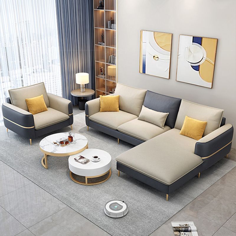 Contemporary Recessed Arm Sofa with Pillows Back and Golden Legs