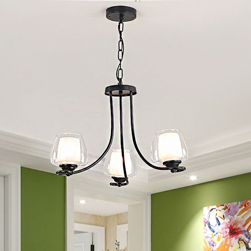 3/6 Bulbs Ceiling Lamp Sputnik Double-Layered Glass Traditional Dining Room Chandelier in Black