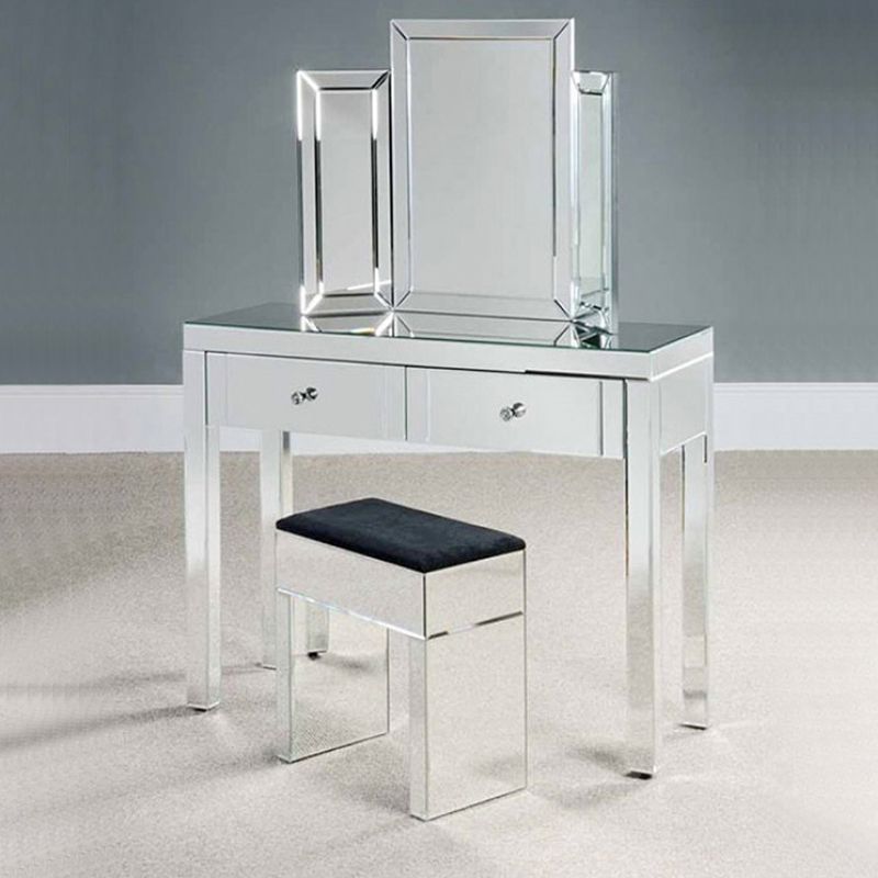 Glass Vanity Set with Tri-Fold 13.77" Wide Make-up Vanity with 2 Storage Drawers