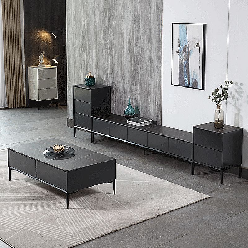 Modern Style Black Coffee Table Made of Round Rock Slab Wood