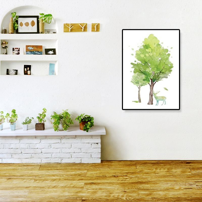 Deer Under the Trees Art Print Dining Room Animal Canvas in Green for Decoration