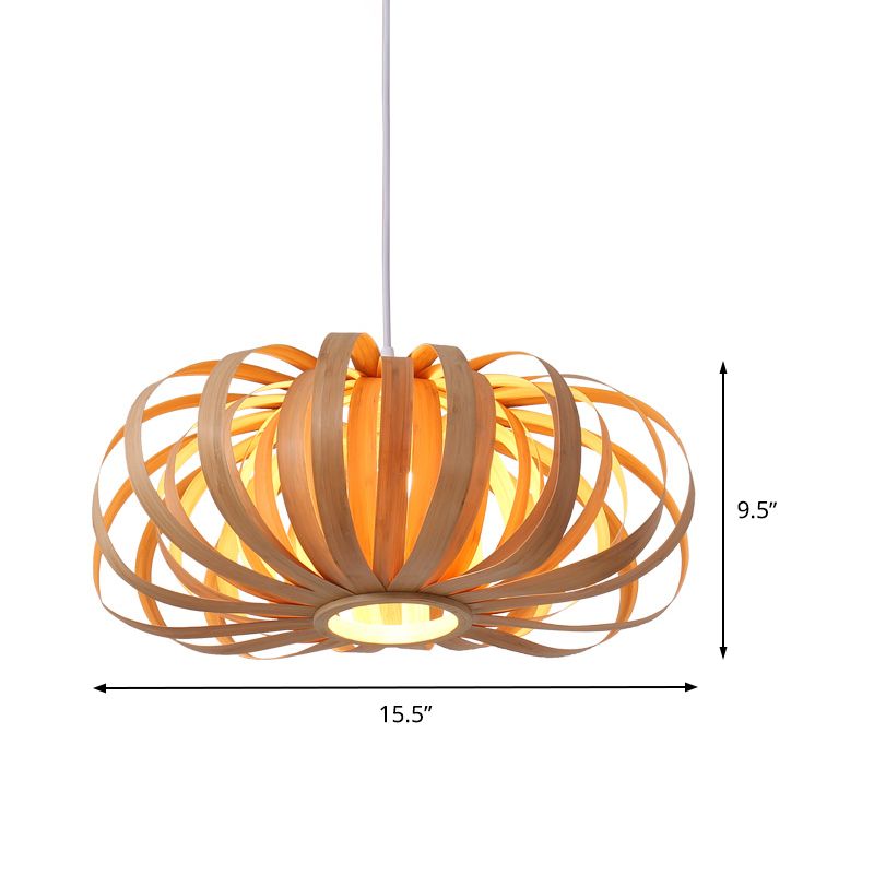 Beige Pumpkin Hanging Light Chinese 1 Head Wood Pendant Lighting Fixture for Restaurant