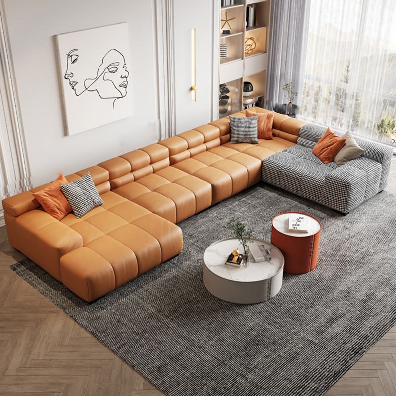 Modern Leather and Fabric Sectional Square Arm Sectional with Pillows