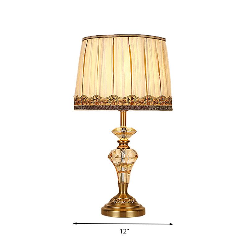 Fabric Beige Table Lamp Tapered Drum 1 Light Minimalism Night Light with Crystal Base