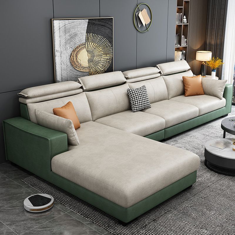 Faux Leather L-Shape Sectional Recessed Arm Sofa and Chaise with Pillowed Back Cushions