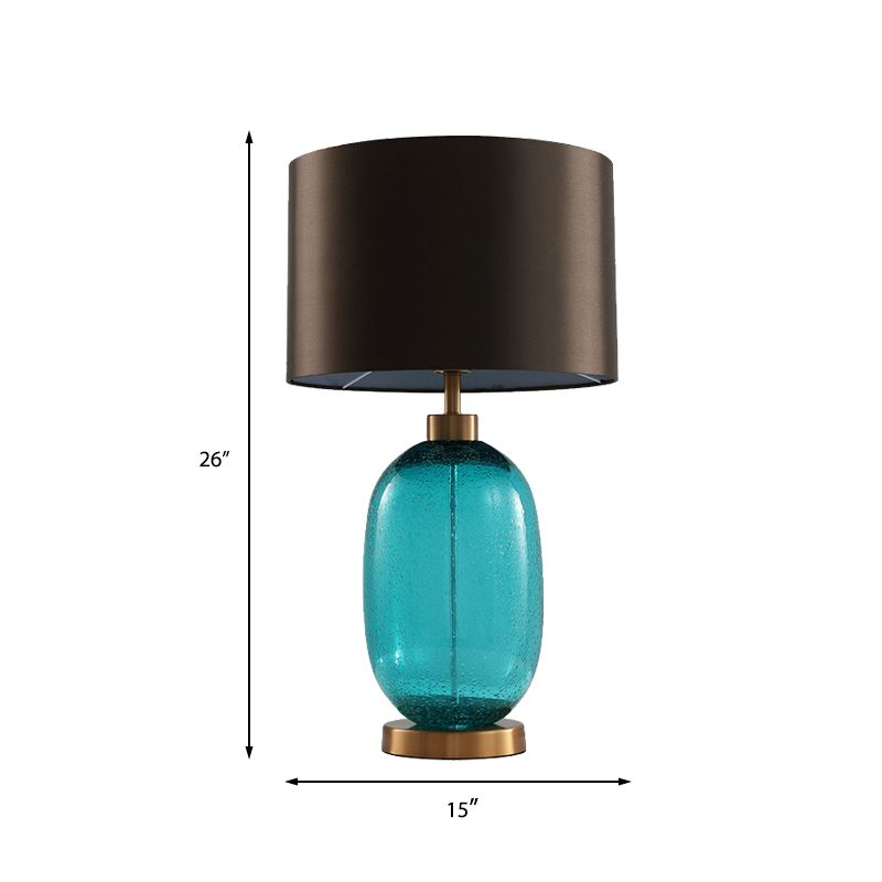 Lampada da lettura a 1 testa in tessuto modernista con lampada da lavoro a tamburo affusolato in marrone con base ovale in cristallo smaltato blu