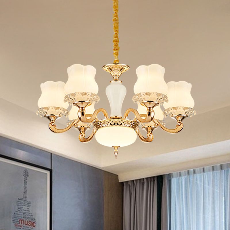 Lámpara de suspensión de flores vintage 6/8 luces luminosos de lámpara de vidrio lechoso con brazo en oro para dormitorio