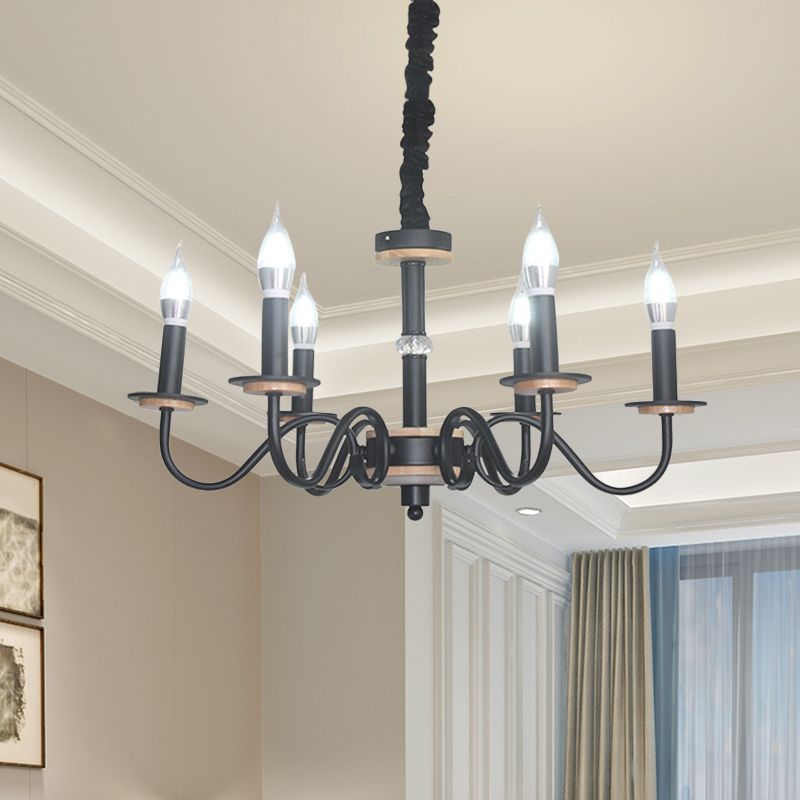 Vintage Candle Shape Pendant Chandelier 6 Heads Metallic Swooping Arm Suspension Lighting in Black for Living Room