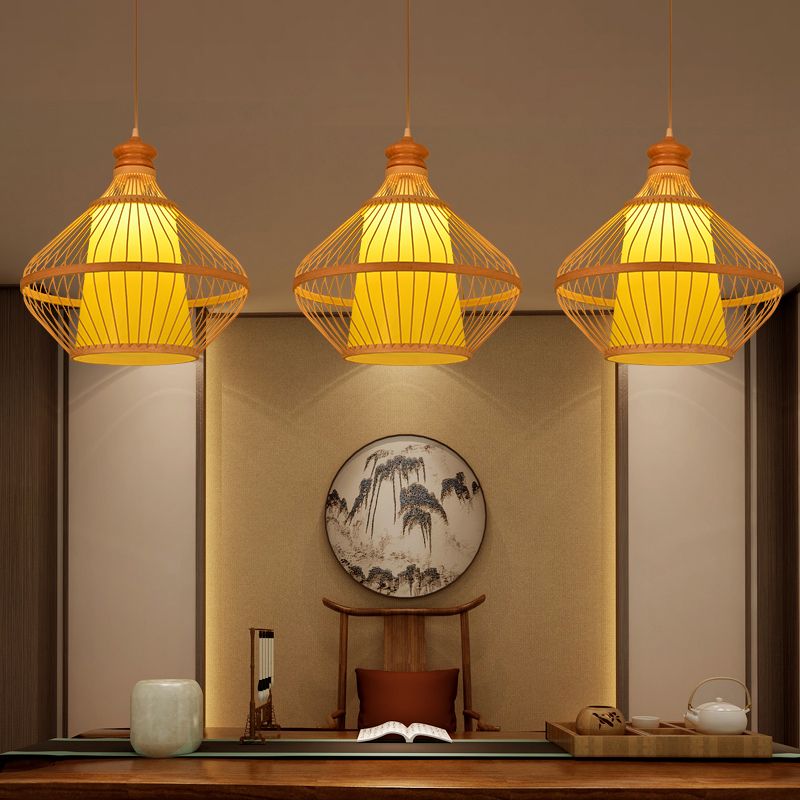 Asia Lantern Pendant Lighting Bamboo 1 Bulb Restaurant Hanging Light in Wood