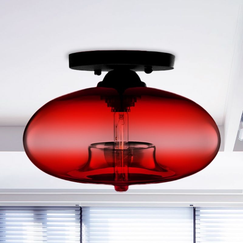 1 Light Ceiling Light Fixture with Oval Shade Red / Brown / Blue Glass Industrial Living Room Semi Flush in Black