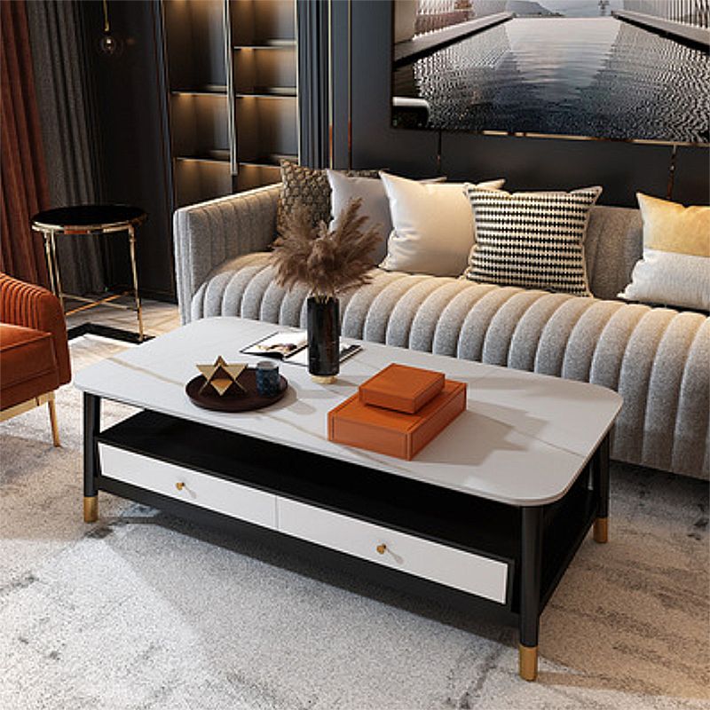 2 - Drawer and 1 - Shelf Coffee Table Rectangular Slate 4 Legs Cocktail Table