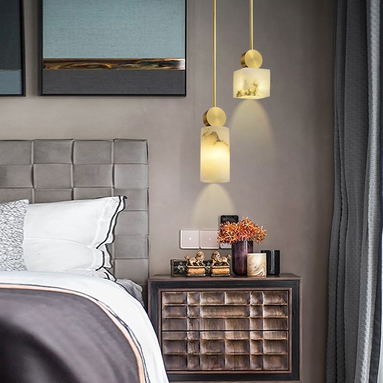 Geometric Shaped Pendant Lamp Nordic Marble 1-Light Bedroom Ceiling Light in Brass