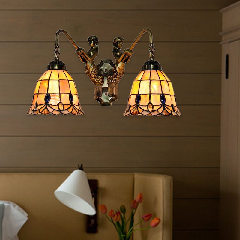Flared Shell Sconce Light Tiffany 2 Heads Beige Mermaid Wall Mounted Light for Bedroom