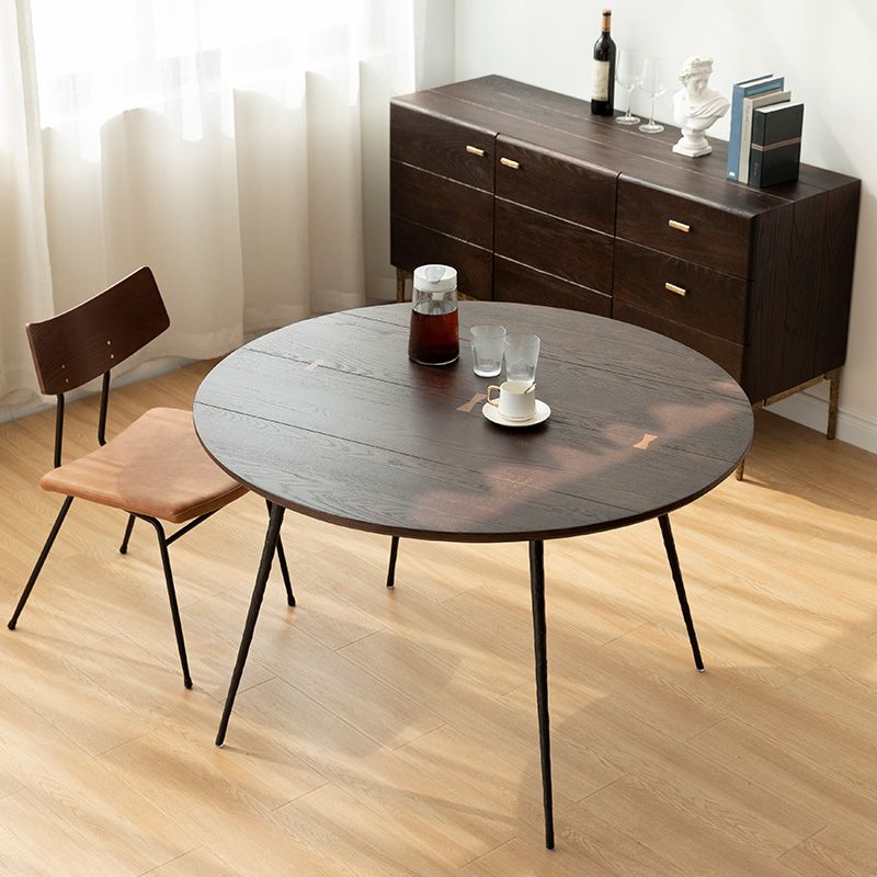Round Solid Wood Dining Table Brown 4 Legs Dining Table with Metal Base