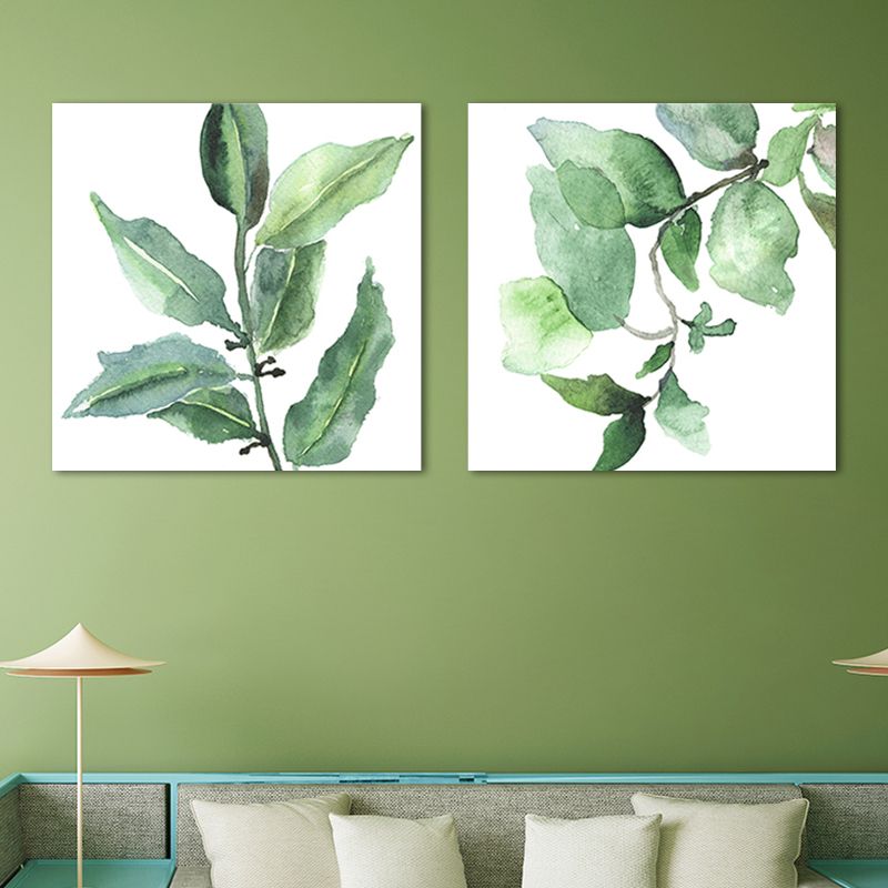 Farmhouse Wall Art Set in Green Leaf Branch Painting Canvas Print for Family Room