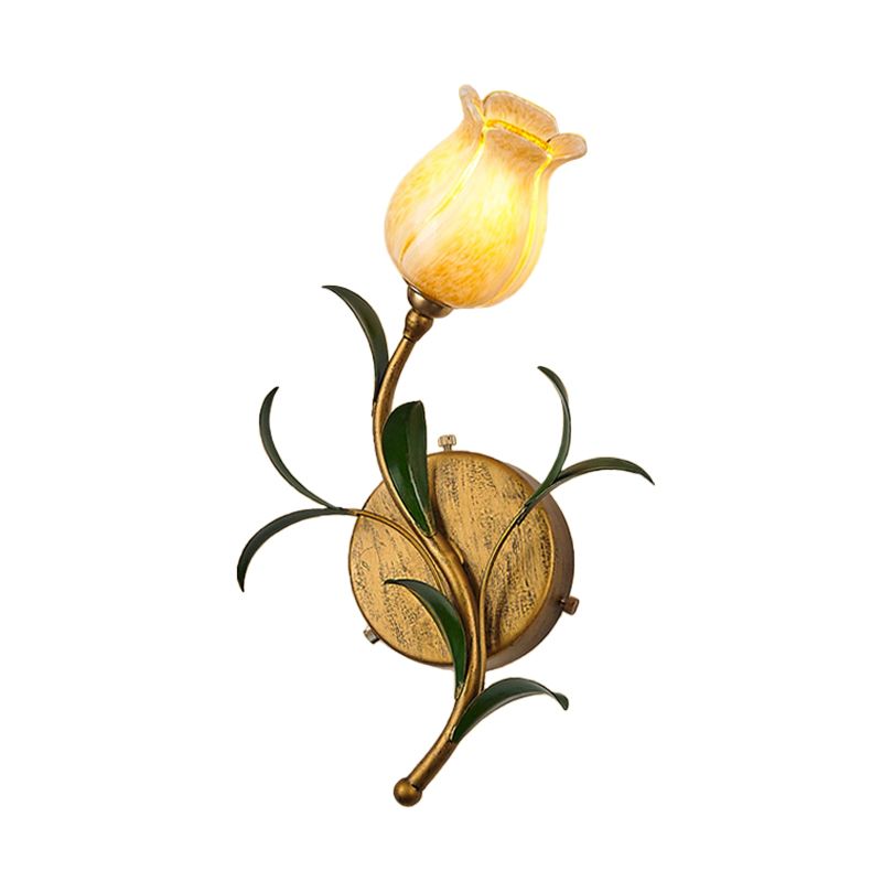 Brass 1 Head Wall Mounted Lamp Rustic White/Yellow Glass Floral Sconce Light for Living Room