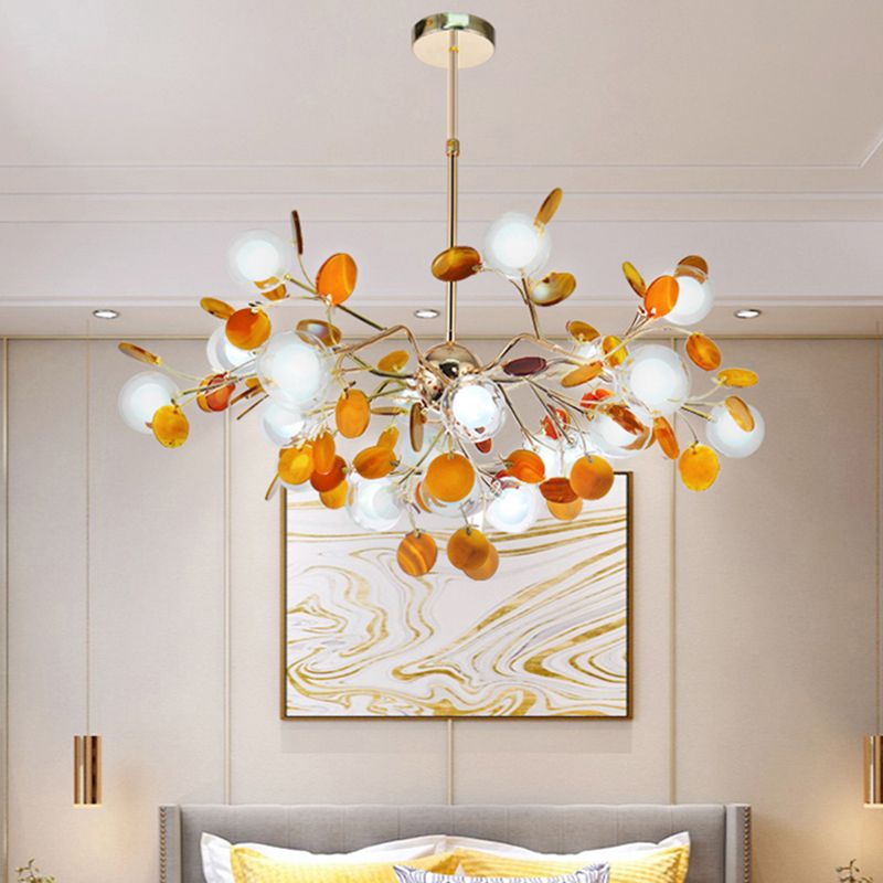 Artistic Leaf Suspension Lighting Agate Living Room Chandelier with Double Ball Glass Shade