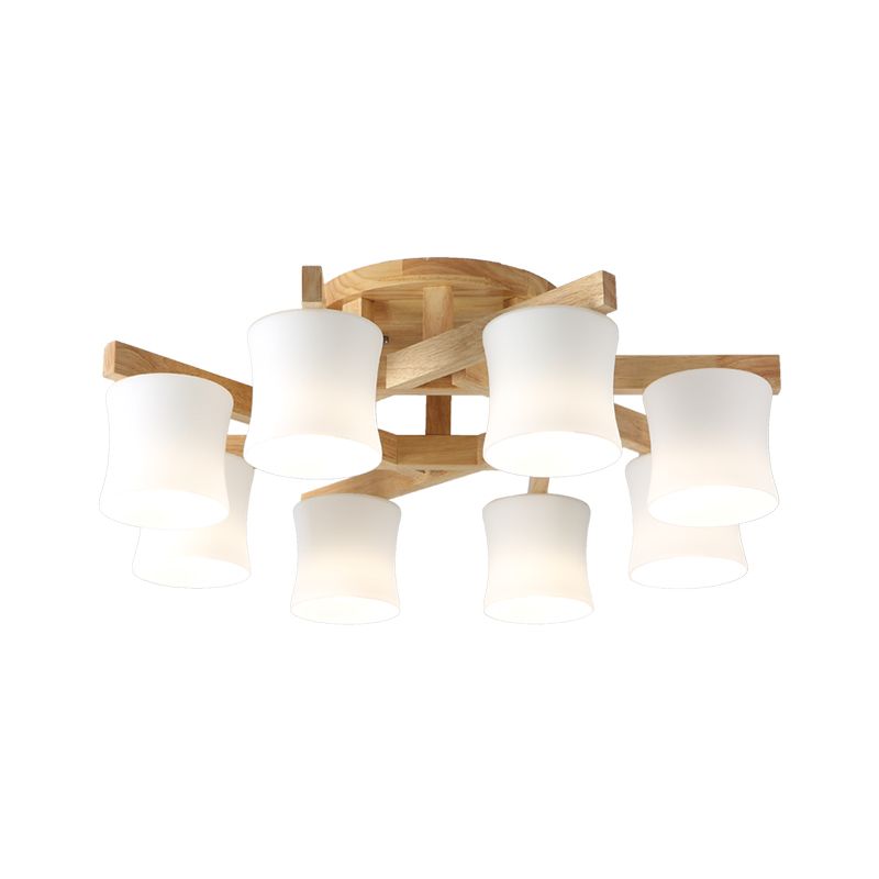 White Glass Shaded Semi Flush Mount Japanese Close To Ceiling Chandelier with Wooden Canopy