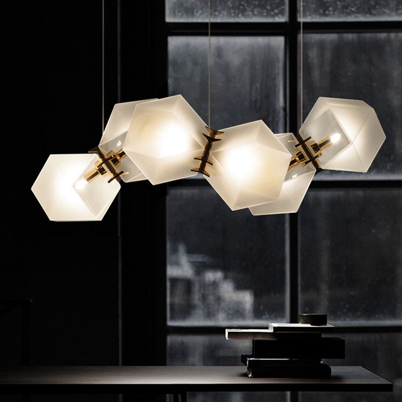 Frosted White Glass Honeycomb Island Lamp Modern Style 2/4/8-Light Brass Ceiling Hang Light for Living Room